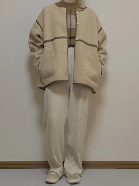 「リブニット」｜「アイテム（ムートンコート）」を使った、macoさん（レディース・163cm）の秋コーディネート