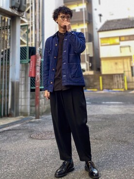 「ノーカラーシャツ」｜「アイテム（デニムジャケット）」を使った、ビーンズ　おいちょさん（メンズ・180cm）の冬コーディネート