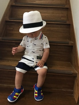 「GAP（ギャップ）のGap ストライプショートパンツ（その他パンツ、ホワイト系）」を使った、yuuuuuさん（キッズ・90cm）の春コーディネート
