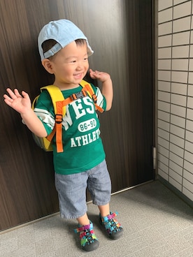 「GLOBAL WORK（グローバルワーク）の【キッズ】ドライプリントTEE半袖/825578（Tシャツ/カットソー、グリーン系）」を使った、yuuuuuさん（キッズ・90cm）の夏コーディネート