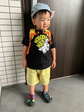 「GLOBAL WORK（グローバルワーク）の【キッズ】Disney、Disney・Pixar/プリントTEE半袖/827096（Tシャツ/カットソー、その他）」を使った、yuuuuuさん（キッズ・90cm）の夏コーディネート