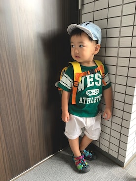 「GLOBAL WORK（グローバルワーク）の【キッズ】ドライプリントTEE半袖/825578（Tシャツ/カットソー、グリーン系）」を使った、yuuuuuさん（キッズ・90cm）の夏コーディネート
