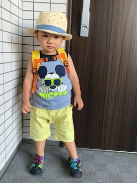 「GAP（ギャップ）のBabygap | Disney Mickey Mouse タンクトップ（タンクトップ、ブルー系）」を使った、yuuuuuさん（キッズ・90cm）の夏コーディネート