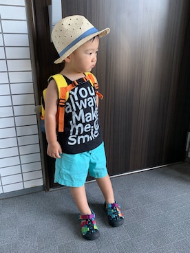 「GAP（ギャップ）のウエストゴム ショートパンツ（リネン）（その他パンツ、グリーン系）」を使った、yuuuuuさん（キッズ・90cm）の夏コーディネート