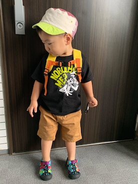「GLOBAL WORK（グローバルワーク）の【キッズ】Disney、Disney・Pixar/プリントTEE半袖/827096（Tシャツ/カットソー、その他）」を使った、yuuuuuさん（キッズ・90cm）の夏コーディネート