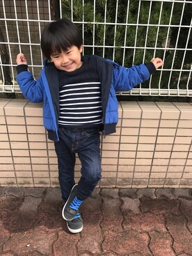「PETIT BATEAU（プチバトー）のアイテム（ダウンジャケット/コート）」を使った、KENHAYARIHITO♡KARINさん（キッズ・90cm）の冬コーディネート