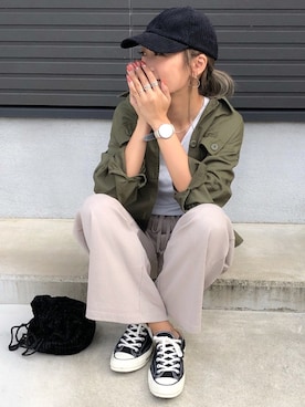 「コーデュロイキャップ」｜「アイテム（ミリタリージャケット）」を使った、Ikumi さん（レディース・167cm）の秋コーディネート