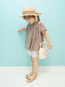 「petit main（プティマイン）のアイテム（かごバッグ）」を使った、recoさん（キッズ・90cm）の夏コーディネート