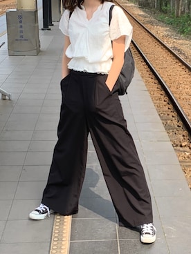 「GU（ジーユー）の（GU）ワイドアンクルパンツＡ（WOMEN ⁄ ガウチョパンツ・ワイドパンツ）」を使った、Cocoさん（レディース・158cm）の春コーディネート