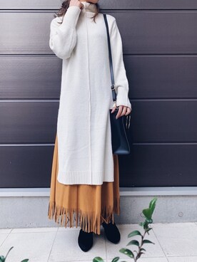 「ロングニット」｜「アイテム（ワンピース/ドレス）」を使った、cafemochaさん（レディース・156cm）の冬コーディネート