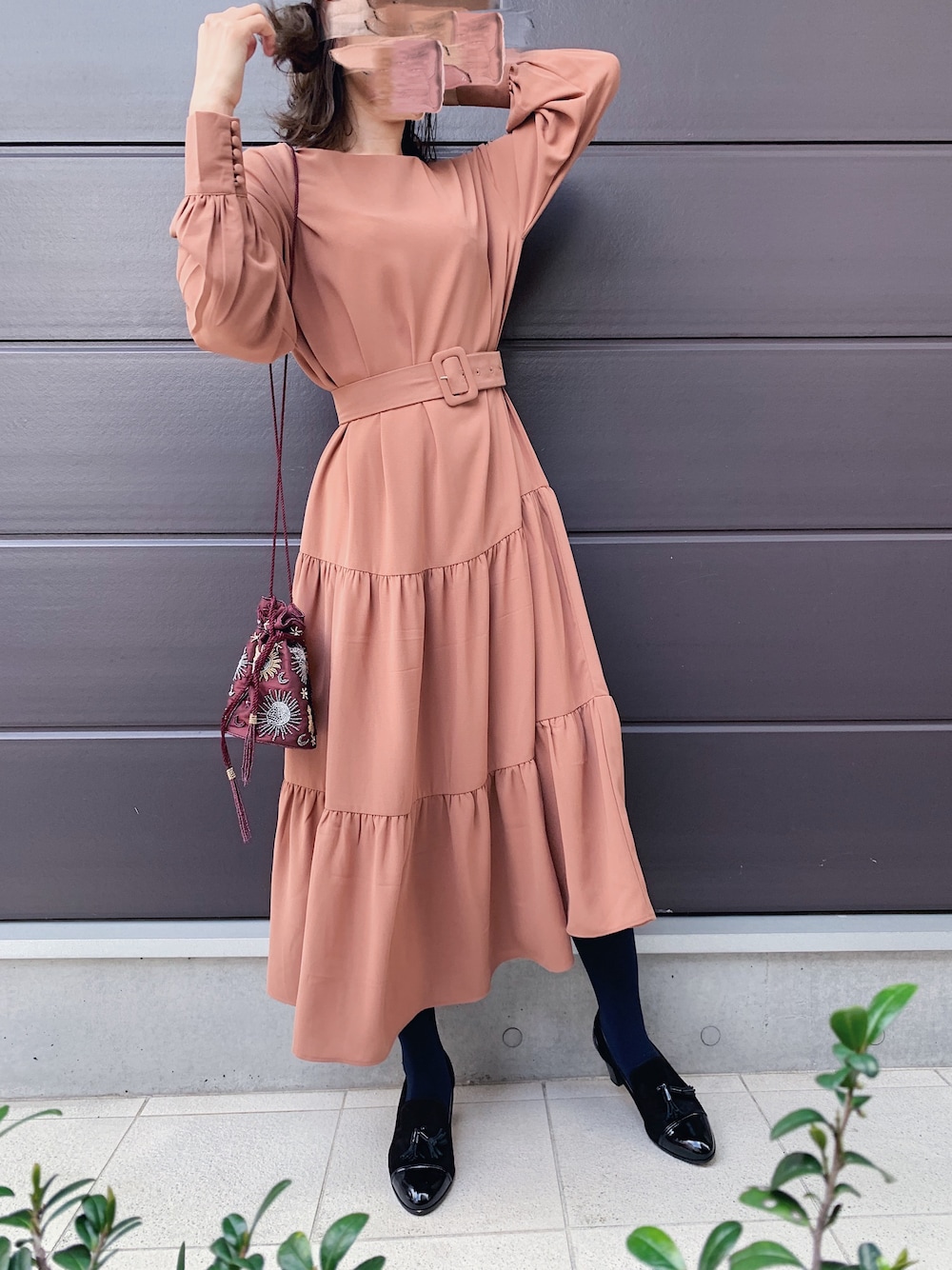 「ワンピース」｜「Cheekのアイテム（ワンピース/ドレス、オレンジ系）」を使った、cafemochaさん（レディース・156cm）の春コーディネートの1枚目の写真