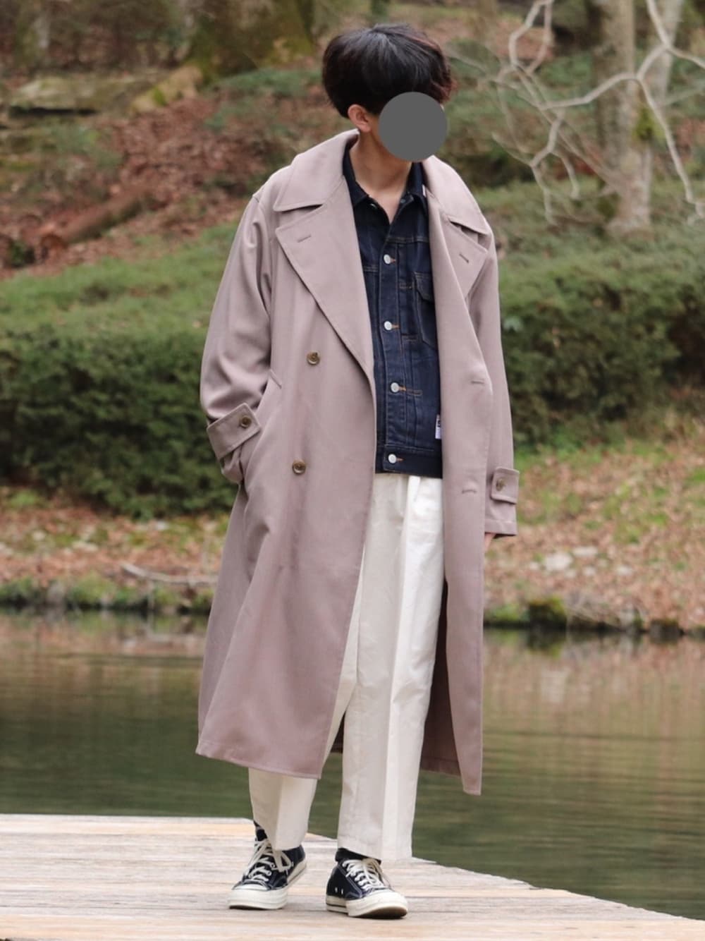 「ミハラヤスヒロ(MIHARAYASUHIRO)、MIHARAYASUHIRO、GU×MIHARAYASUHIRO、春めきシューズ、春アウター、トレンチコート、カラーパンツ、春コーデ、休日スタイル、パステル映える春」｜「WYM LIDNMの【WYM LIDNM】PE LIGHT TWILL MINIMAL TRENCH（トレンチコート、ベージュ系）」を使った、Laitoさん（メンズ・170cm）の春コーディネートの1枚目の写真