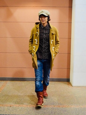 「ブーツイン」｜「アイテム（ダッフルコート）」を使った、Fukuさん（メンズ・174cm）の秋コーディネート