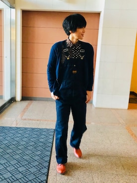 「アイテム（オールインワン・サロペット、ブルー系）」を使った、Fukuさん（メンズ・174cm）の冬コーディネート