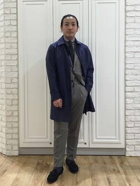 「アイテム（ステンカラーコート、ブルー系）」を使った、三枚橋さん（メンズ・170cm）の秋コーディネート