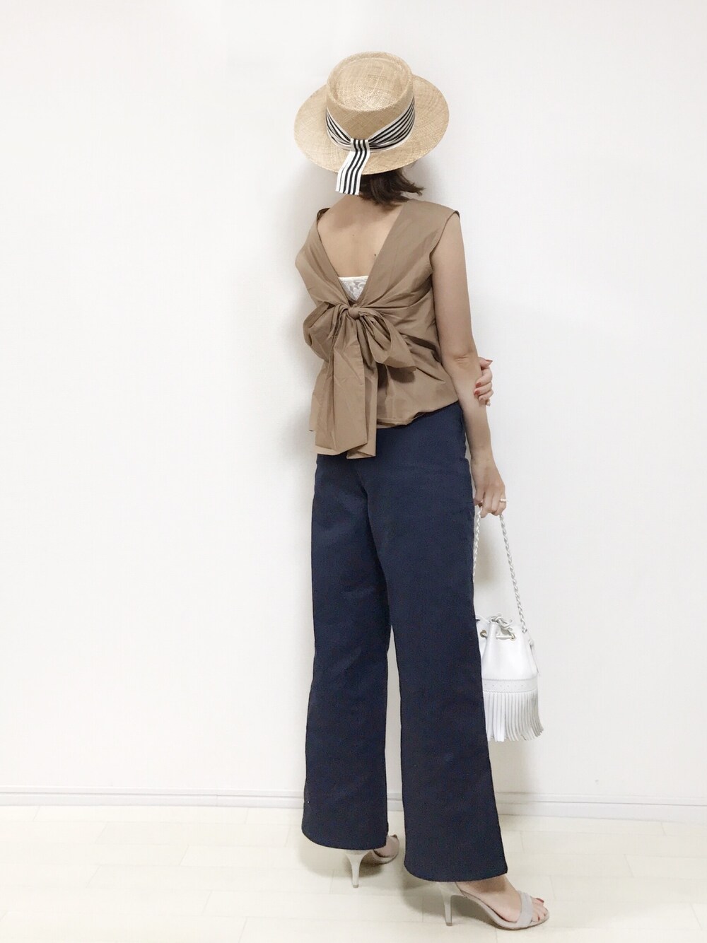 「大人カジュアル、夏コーデ、バックリボン、プチプラコーデ、ママコーデ、outfit、ガーリー」｜「chapeau'dOのアイテム（ハット、ベージュ系）」を使った、yuさん（レディース・153cm）の夏コーディネートの1枚目の写真