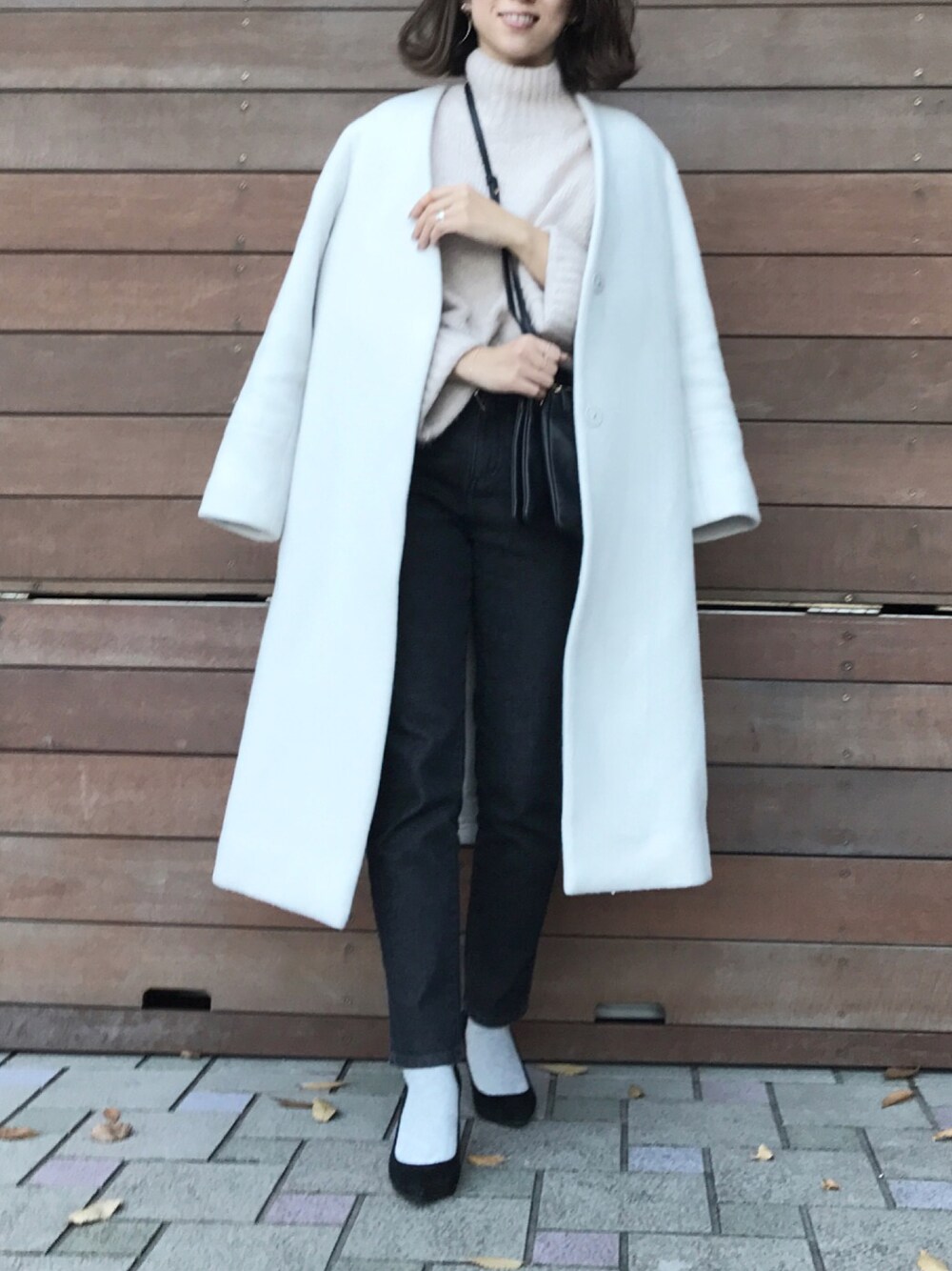 「カジュアルコーデ、大人カジュアル、ootd、デニム、冬のコーデ、シンプルコーデ、ノーカラーコート、低身長」｜「FRAY I.Dのノーカラーウールコート（その他アウター、ホワイト系）」を使った、yuさん（レディース・153cm）の冬コーディネートの1枚目の写真