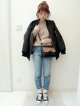 「ゆるニット」｜「アイテム（MA-1）」を使った、maamin♡さん（レディース・156cm）の冬コーディネート