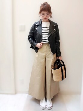 「SLOBE IENA（スローブイエナ）のアイテム（ライダースジャケット）」を使った、maamin♡さん（レディース・156cm）の春コーディネート