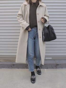 「select MOCA（セレクトモカ）の柔らかく履きやすいフェイクレザーゴールドビット付きローファー（ローファー）」を使った、maamin♡さん（レディース・156cm）の冬コーディネート