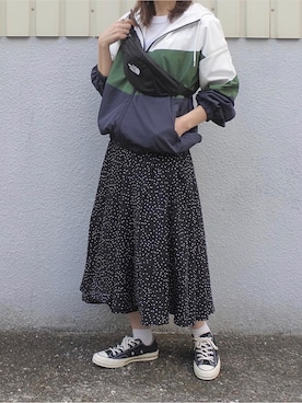 「ドットスカート」｜「アイテム（ブルゾン）」を使った、maamin♡さん（レディース・156cm）の冬コーディネート