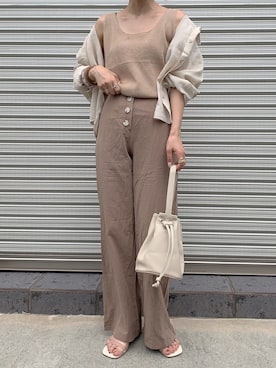 「DHOLIC（ディーホリック）のリネン混ボタンフライワイドパンツ（その他パンツ）」を使った、maamin♡さん（レディース・155cm）の夏コーディネート