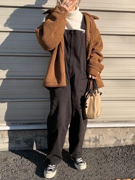 「niko and...（ニコアンド）のアイテム（サロペット/オーバーオール）」を使った、maamin♡さん（レディース・156cm）の冬コーディネート