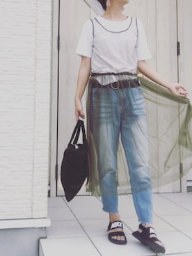 「カーキ色」｜「アイテム（ブラック系）」を使った、meeeyさん（レディース・163cm）の夏コーディネート