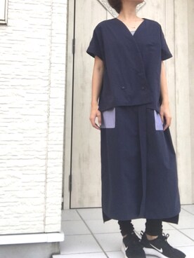 「antiqua（アンティカ）のデザイン羽織り（ノーカラージャケット、ブルー系）」を使った、meeeyさん（レディース・163cm）の夏コーディネート
