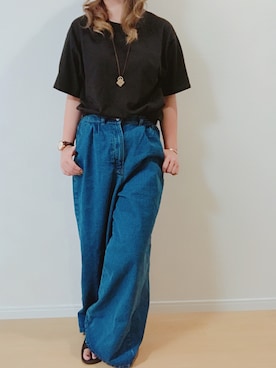 「ワイドシルエット」｜「アイテム（アナログ腕時計）」を使った、すず◡̈⋆さん（レディース・158cm）の夏コーディネート