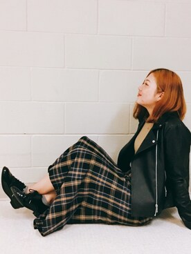 「チェック柄に恋してる」｜「アイテム（ライダースジャケット）」を使った、Prayさん（レディース・154cm）の秋コーディネート