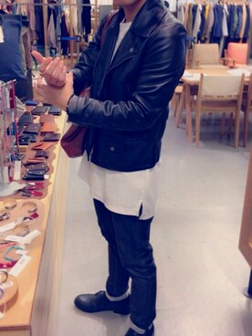 「coen（コーエン）のアイテム（ライダースジャケット）」を使った、ＭＭＭさん（メンズ・167cm）の春コーディネート