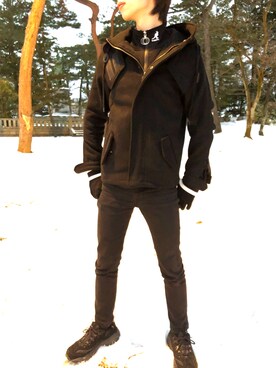 「unrelaxing（アンリラクシング）のアイテム（モッズコート）」を使った、カリヤさん（メンズ・176cm）の冬コーディネート