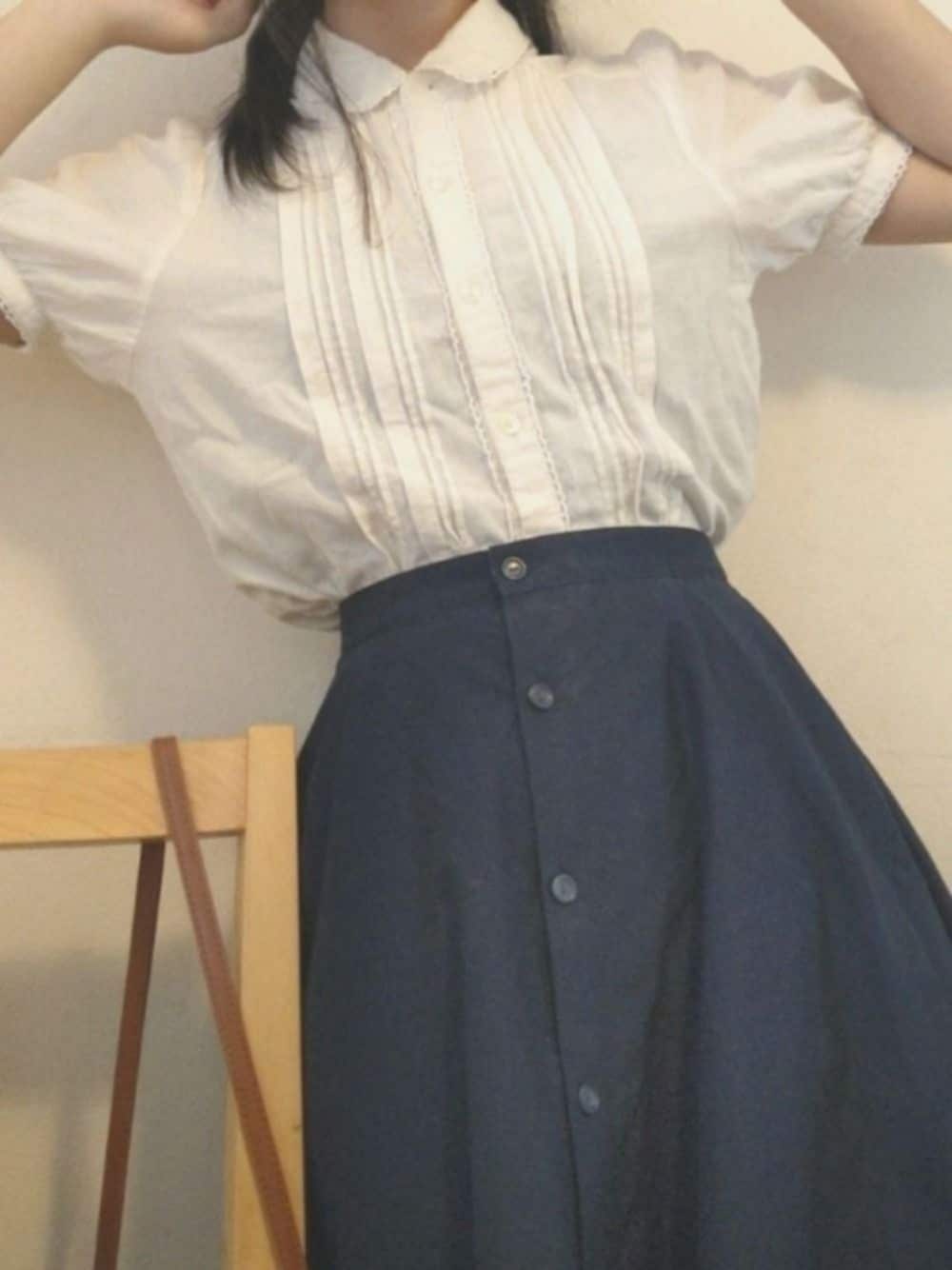「初投稿、ロングスカート、丸襟ブラウス、ハーフアップ」｜「UNIQLOのアイテム（スカート、ブルー系）」を使った、hochikoさん（レディース・156cm）の夏コーディネートの1枚目の写真