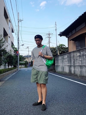 「アイテム（ローファー、グリーン系）」を使った、aaaaymnkさん（メンズ・174cm）の夏コーディネート