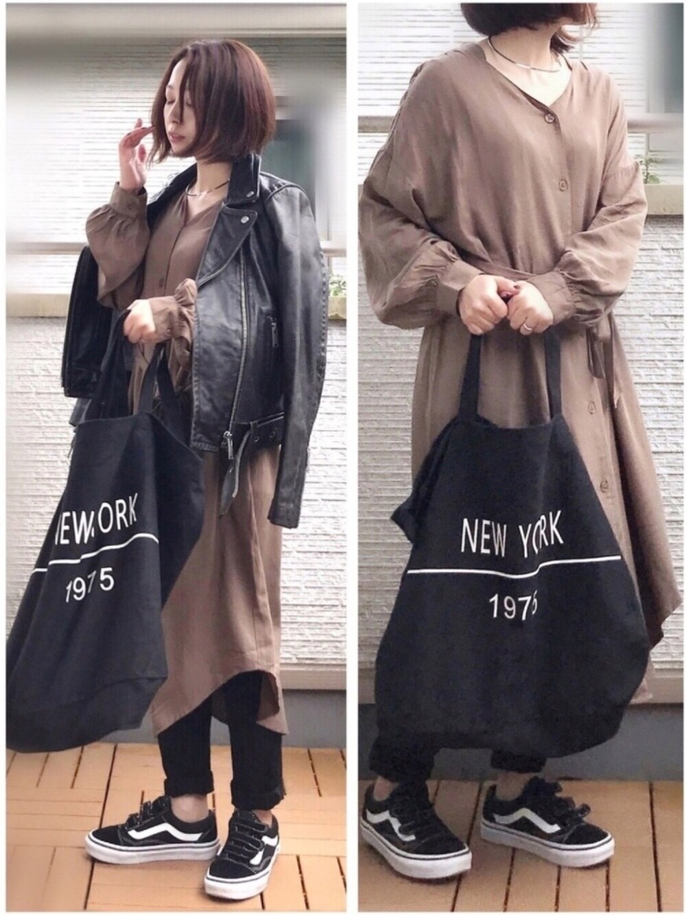 「秋コーデ、大人カジュアル、スニーカーコーデ、ライダース、ワンピース、トートバック、ちびっ子同盟、チビーズ✳︎、シャツワンピース、オールドスクール」｜「FurryrateのVネックベルト付シャツワンピース		（シャツワンピース、ブラウン系）」を使った、Kay-teeeさん（レディース・150cm）の秋コーディネートの1枚目の写真