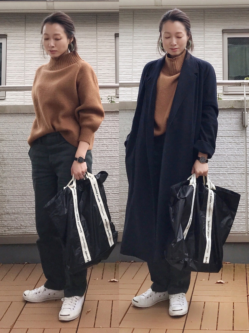 イエロー系のニット/セーター、グリーン系のチノパンツ、ブルー系のその他アウターを着用したレディースの秋コーディネートの1枚目の写真