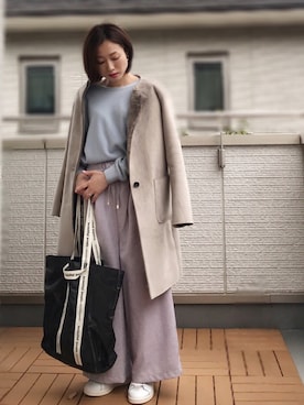 「ラベンダー」｜「アイテム（ムートンコート）」を使った、Kay-teeeさん（レディース・150cm）の冬コーディネート