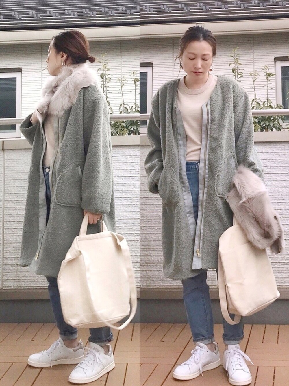 グリーン系のその他アウター、ベージュ系のニット/セーター、ブルー系のデニムパンツを着用したレディースの冬コーディネートの1枚目の写真