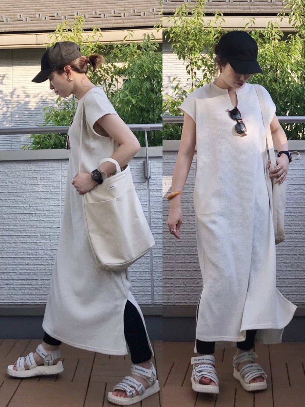「chacocloset、QUEENHEAD、キャップ、スポーツサンダル、オトナカジュアル、リラックススタイル、低身長」｜「Chaco closetのポケット付き サーマル スキッパー スリットロングワンピース（ワンピース、ホワイト系）」を使った、Kay-teeeさん（レディース・150cm）の夏コーディネートの1枚目の写真