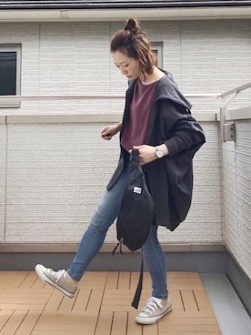 「Aunt Marie's（アントマリーズ）のWEARISTA YUKI × AUNT MARIE'S ミニ裏毛ボリュームスリーブTOPS（Tシャツ/カットソー）」を使った、Kay-teeeさん（レディース・150cm）の秋コーディネート