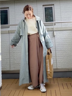「ラップパンツ」｜「アイテム（ステンカラーコート）」を使った、Kay-teeeさん（レディース・150cm）の春コーディネート