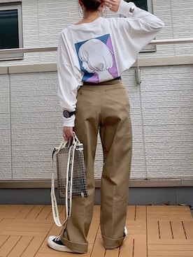 「MONO-MART（モノマート）のシルケットライク天竺 オーバーサイズイラストプリントL/Sカットソー/バックプリント（Tシャツ/カットソー）」を使った、Kay-teeeさん（レディース・150cm）の秋コーディネート