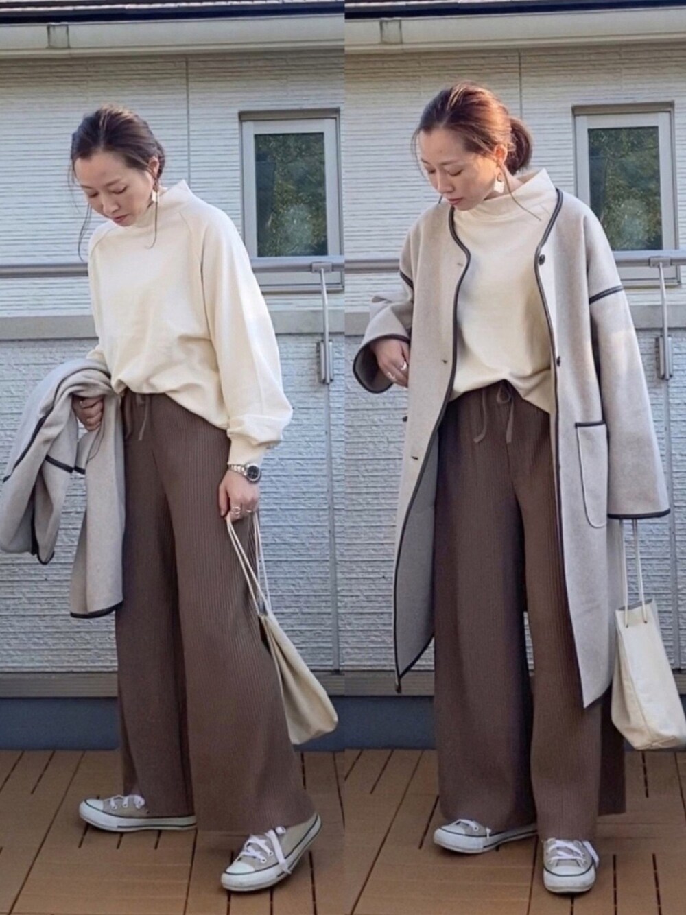 ホワイト系のその他アウター、ホワイト系のスウェット、ブラウン系のその他パンツを着用したレディースの秋コーディネートの1枚目の写真