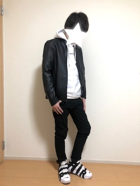 「EDWIN」｜「アイテム（ライダースジャケット）」を使った、maaさん（メンズ・173cm）の冬コーディネート
