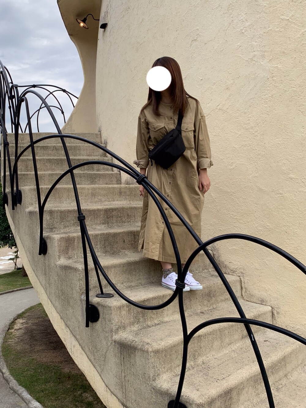 「AMERICAN HOLICのノーカラーコールテンシャツワンピース ＊●（ワンピース、ベージュ系）」を使った、りんごさん（レディース・155cm）の春コーディネートの1枚目の写真