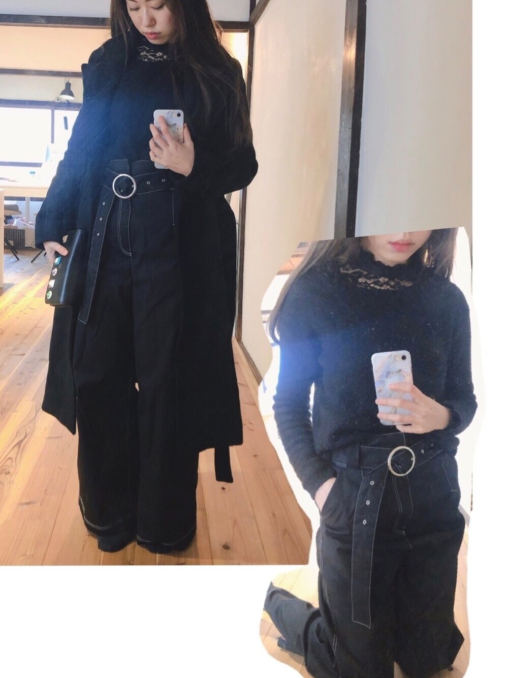 「オールブラック、M-PREMIER、g.v.g.v.、gvgv、ステッチパンツ、オトナカジュアル、秋冬コーデ、黒」｜「G.V.G.V.のVENTILE CONTRASTED STITCH TROUSERS（その他パンツ、ブラック系）」を使った、lisaさん（レディース・155cm）の冬コーディネートの1枚目の写真