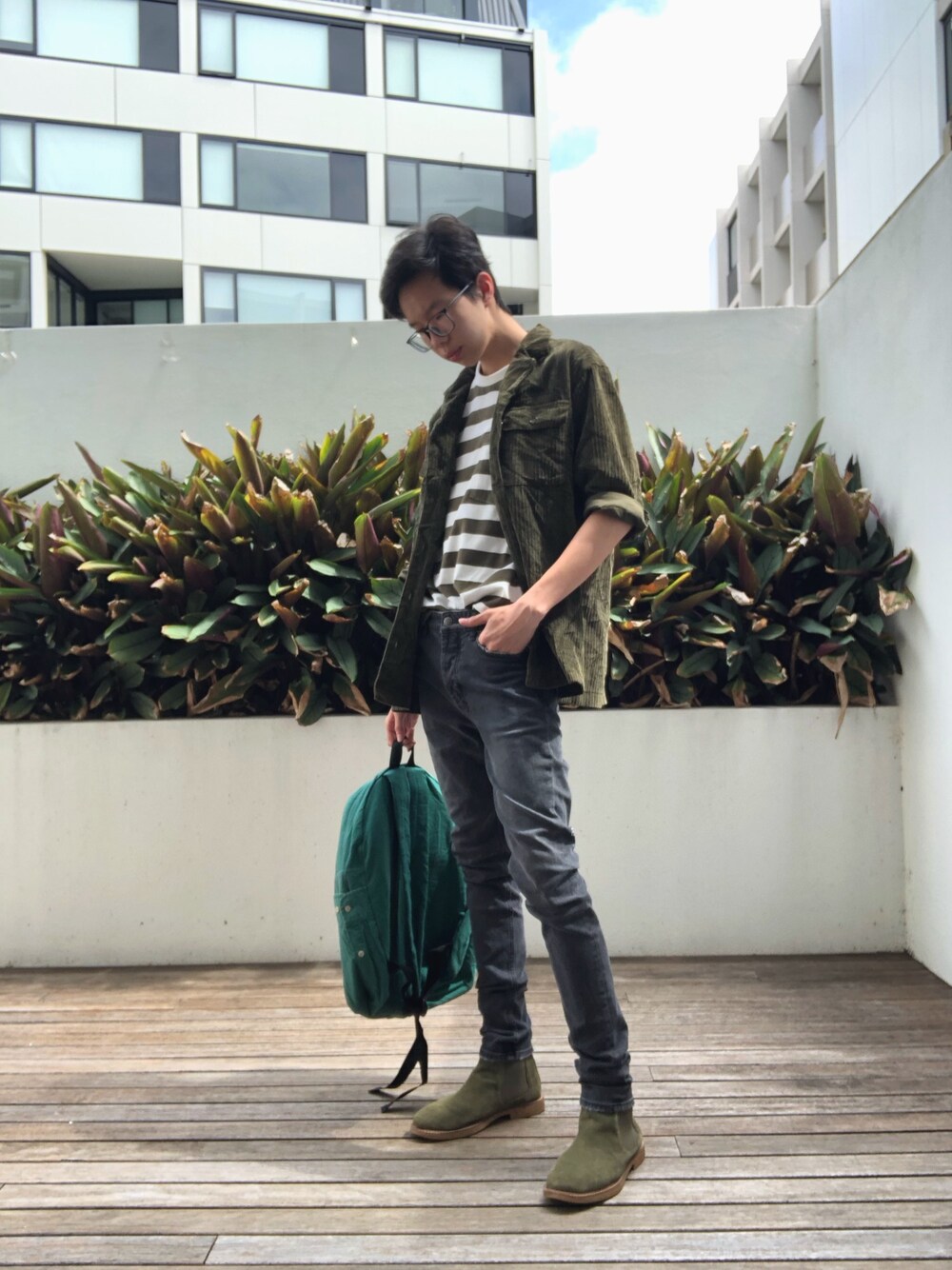 「VINTAGE、boy」｜「LIZSPORTのアイテム（ナイロンジャケット、グリーン系）」を使った、megaRandyさん（メンズ・178cm）の冬コーディネートの1枚目の写真