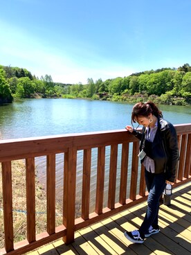 「GU（ジーユー）のアイテム（ライダースジャケット、ブラック系）」を使った、えぃちゃんさん（レディース・153cm）の春コーディネート