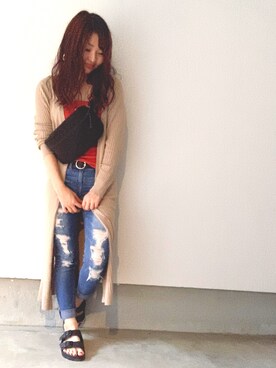 「GU（ジーユー）のアイテム（カーディガン/ボレロ、ベージュ系）」を使った、えぃちゃんさん（レディース・153cm）の夏コーディネート